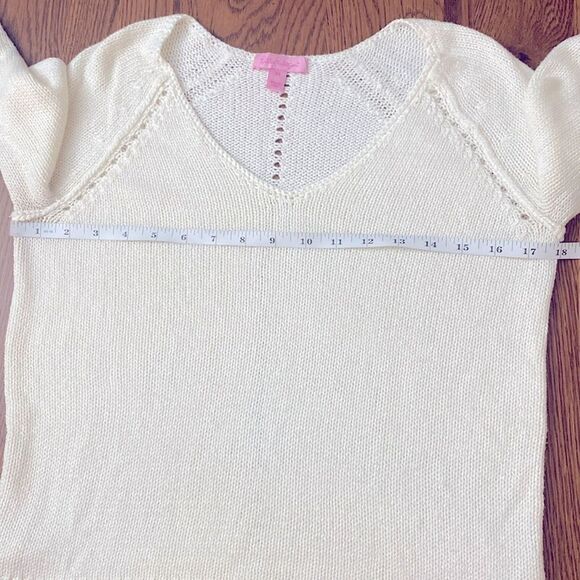 LILLY PULITZER XS Classic Cream Open Knit Crochet V-Neck Sweater Cottagecore - Picture 14 of 16